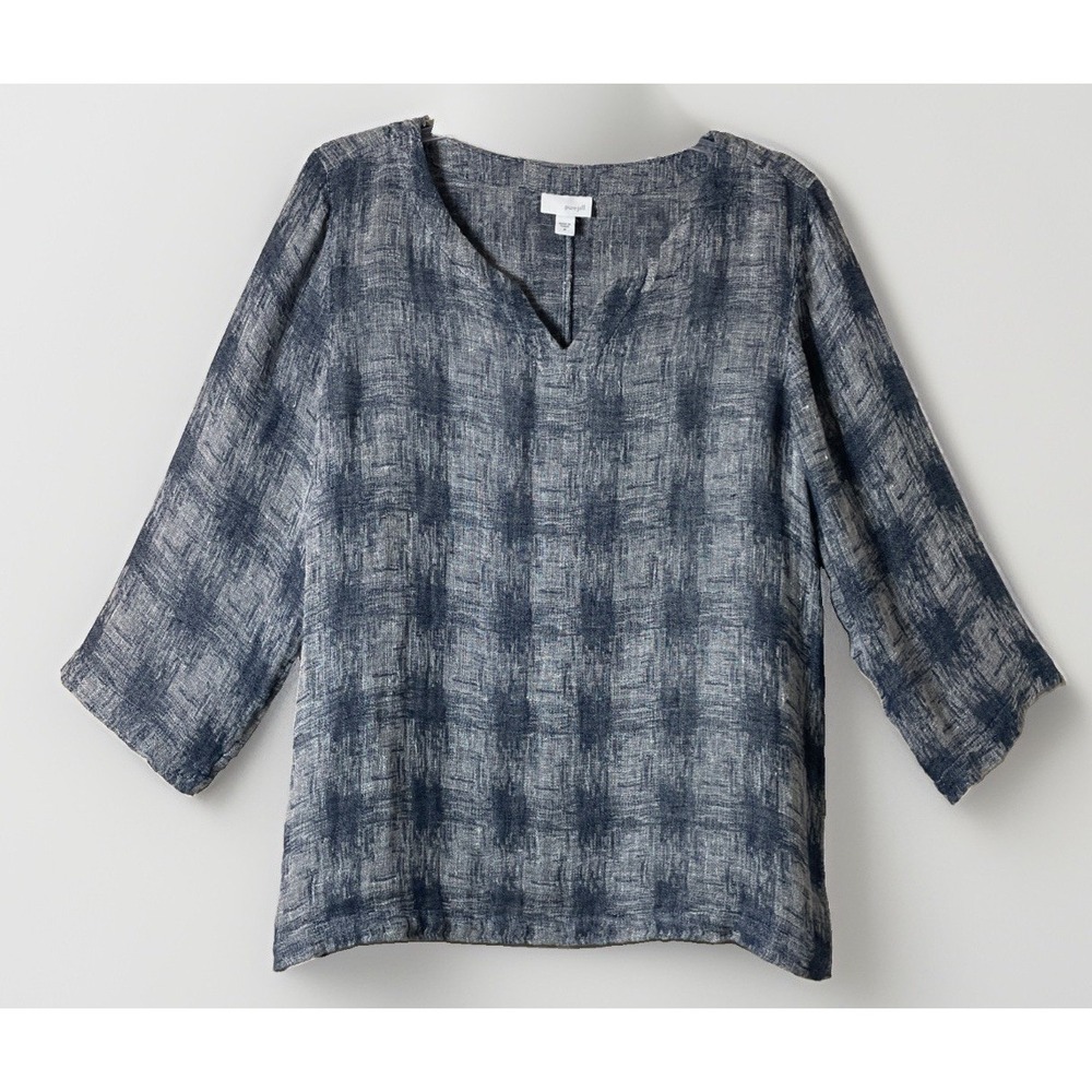 J Jill Pure Jill Tunic Blouse Women's M Blue Gray Linen Blend 3/4 Sleeve